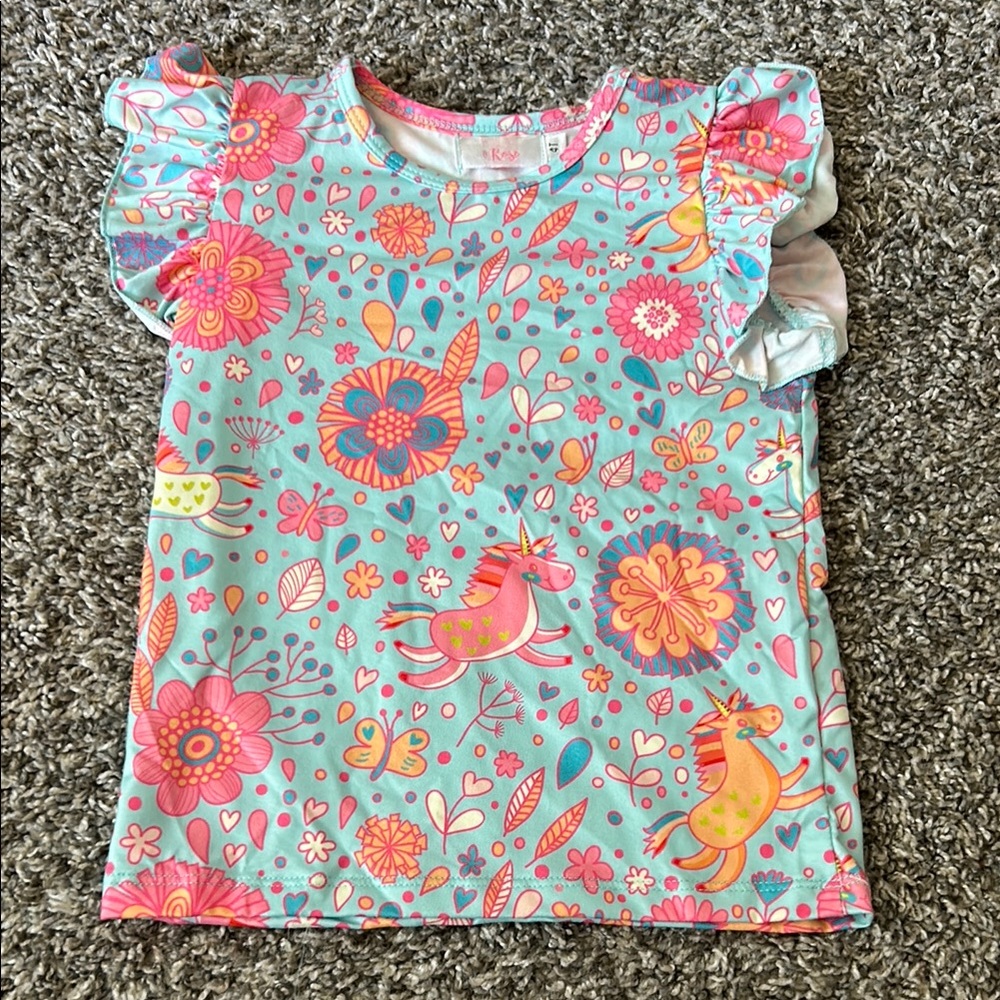 4T toddler girl short sleeve shirt multi-color with unicorn print